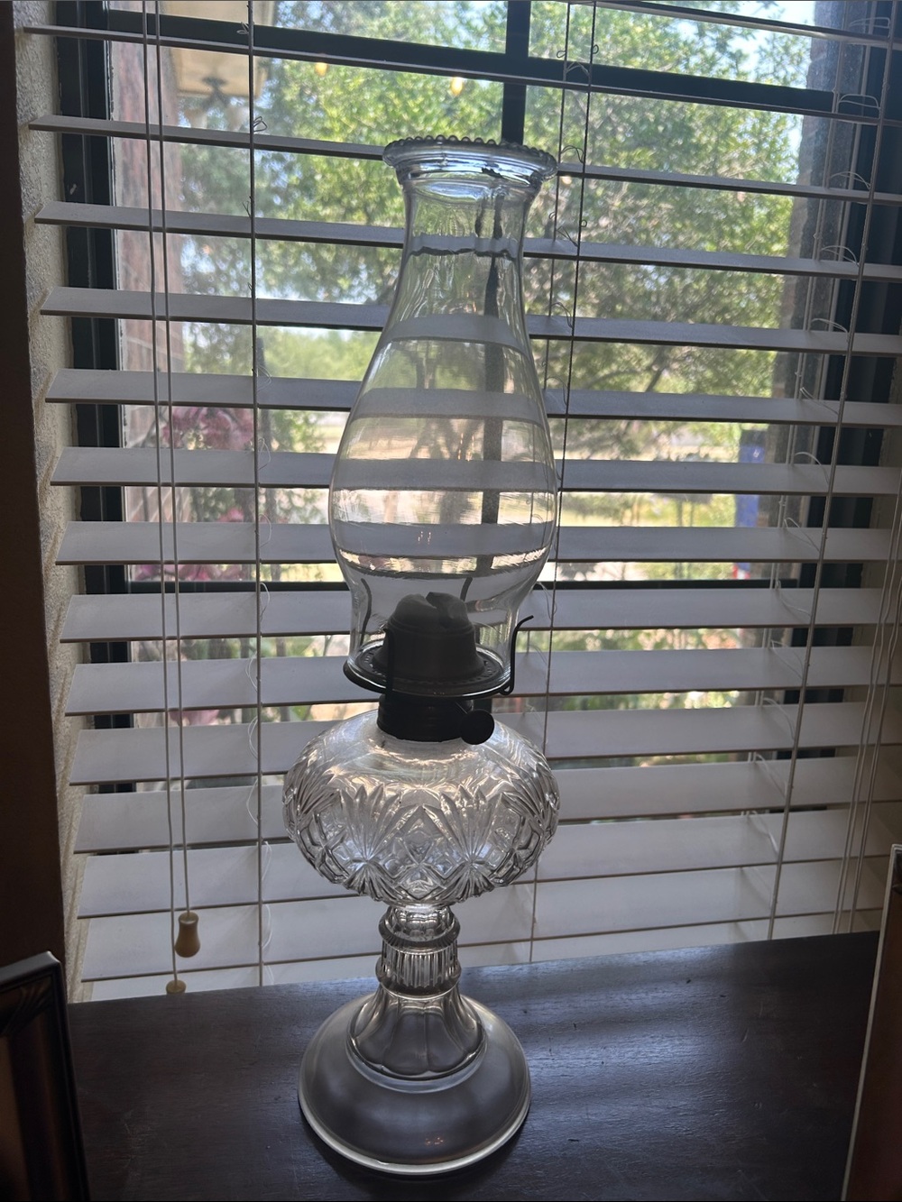 Vintage Antique Clear Glass Oil Lamp with Etched Pattern